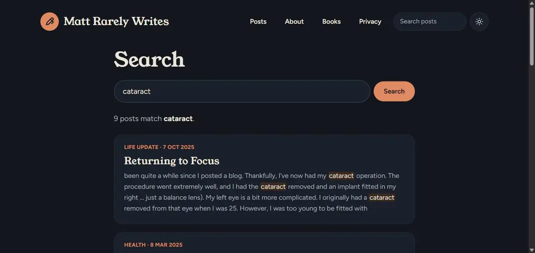Search results for the word cataract: nine posts match, with the word highlighted wherever it appears in each snippet