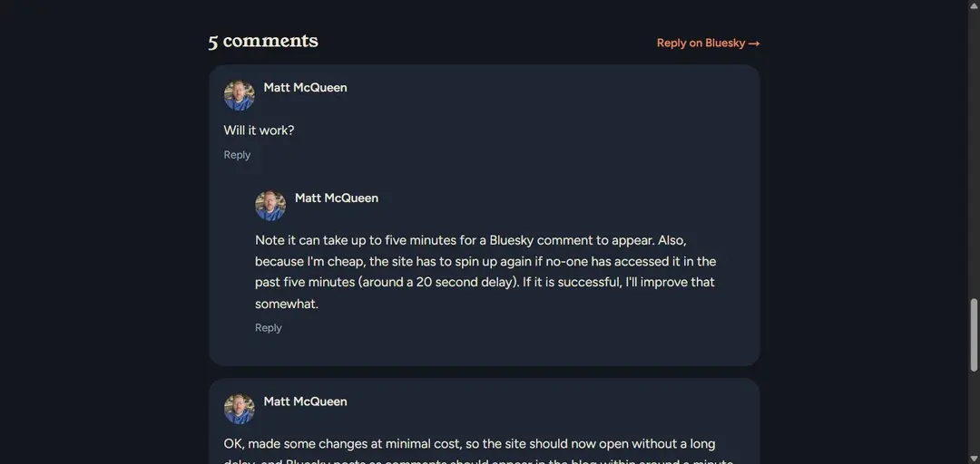 Comments under a blog post, each one a reply from Bluesky with the author name and photo, and a Reply on Bluesky link at the top