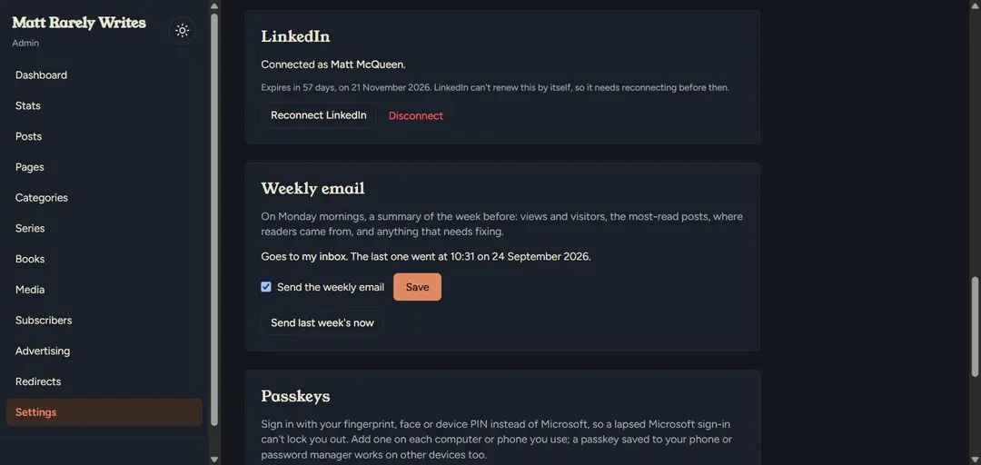 The admin Settings page, showing the LinkedIn connection with its expiry date, the weekly email summary option, and the start of the Passkeys section