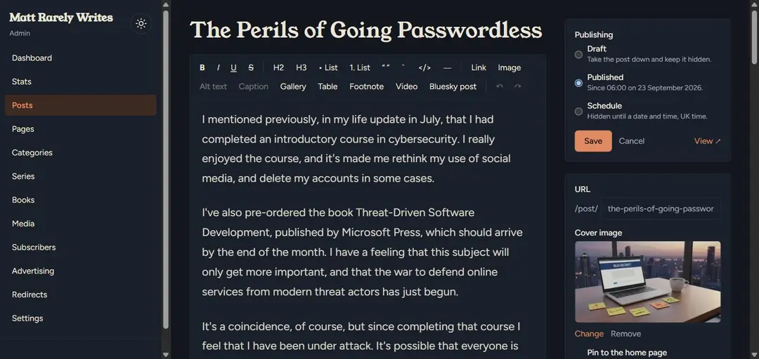 The post editor, showing a formatting toolbar above the text of an earlier post, with Draft, Published and Schedule options and the cover image in a panel on the right