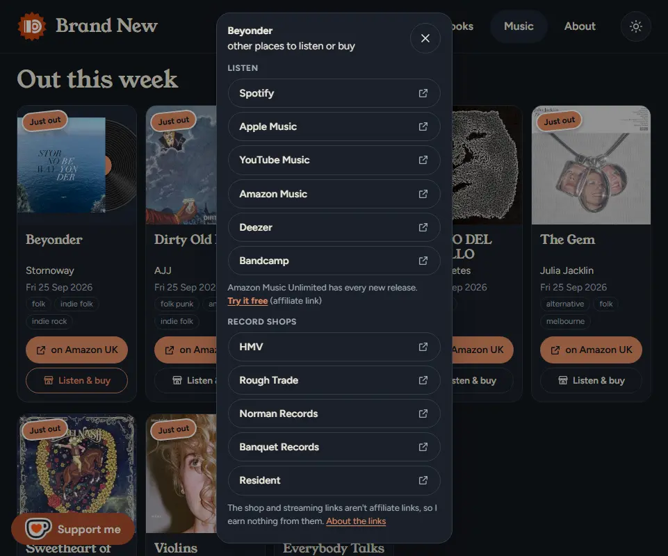 A Brand New indie music page, with the Listen & buy list open for one album, showing Spotify, Apple Music, YouTube Music, Amazon Music, Deezer and Bandcamp, a link to try Amazon Music Unlimited free, then HMV, Rough Trade, Norman Records, Banquet Records and Resident