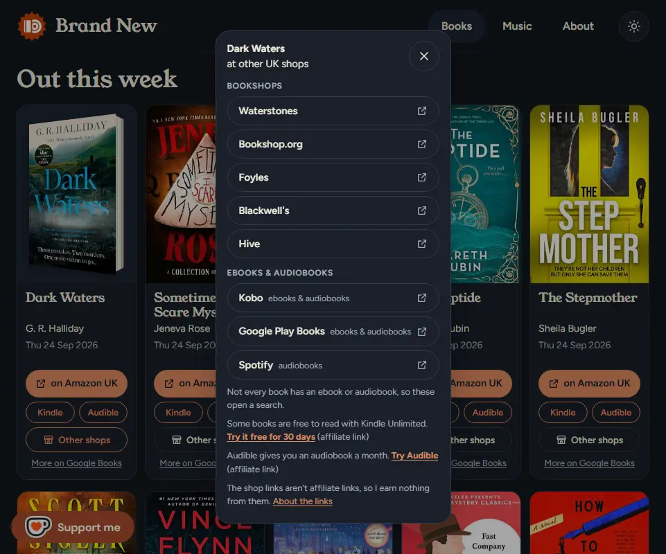 A Brand New crime and thrillers page, with the Other shops list open for one book, showing Waterstones, Bookshop.org, Foyles, Blackwell's, Hive, Kobo, Google Play Books and Spotify, then links to try Kindle Unlimited and Audible