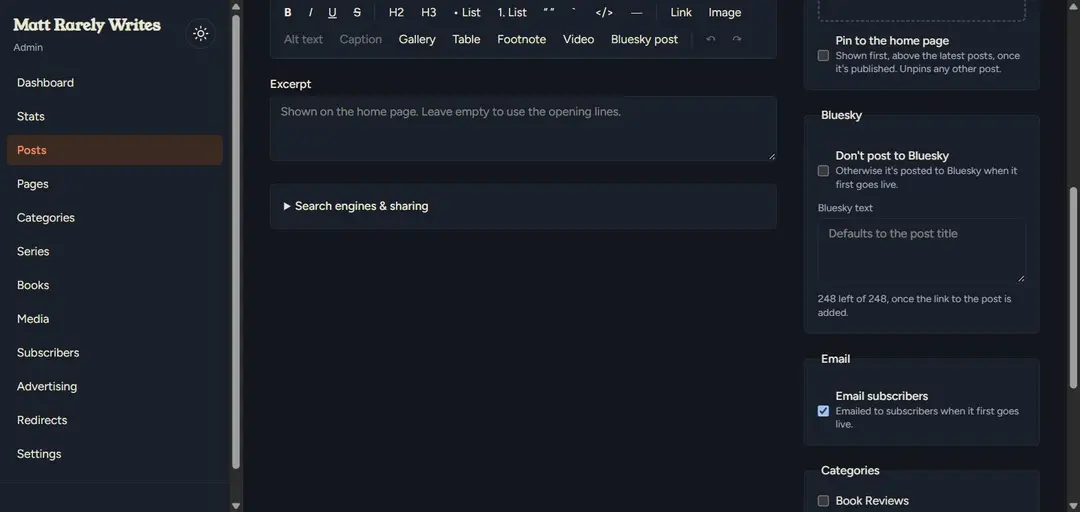 The sharing options for a new post: a Bluesky text box with a count of characters left, a tick box to skip Bluesky, and a ticked Email subscribers box