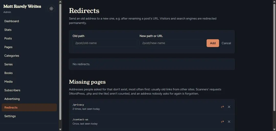 The Redirects page, with a form to send an old address to a new one, and below it a list of missing pages visitors asked for, such as /contact-us, each with buttons to redirect or dismiss it