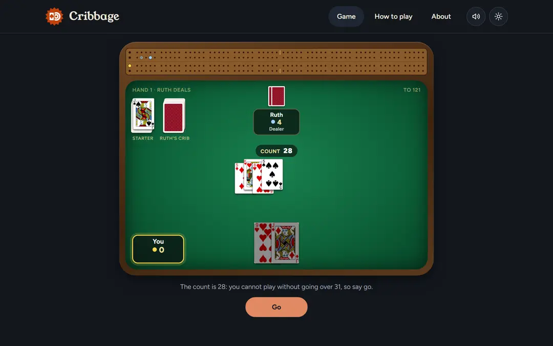 The Cribbage game: a wooden pegging board across the top, the jack of spades turned up as the starter beside Ruth's crib, the count at 28 in the middle, and a Go button below your last two cards