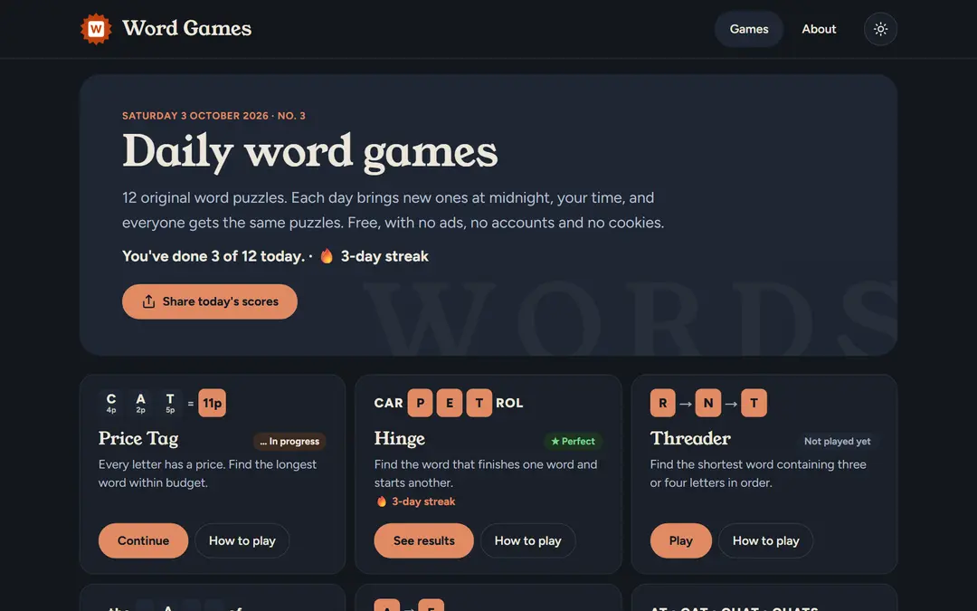 The Word Games home page in dark mode on Saturday 3 October, saying 3 of 12 games are done with a 3-day streak, above a Share today's scores button and cards for Price Tag (in progress), Hinge (perfect, with a 3-day streak) and Threader (not played yet)