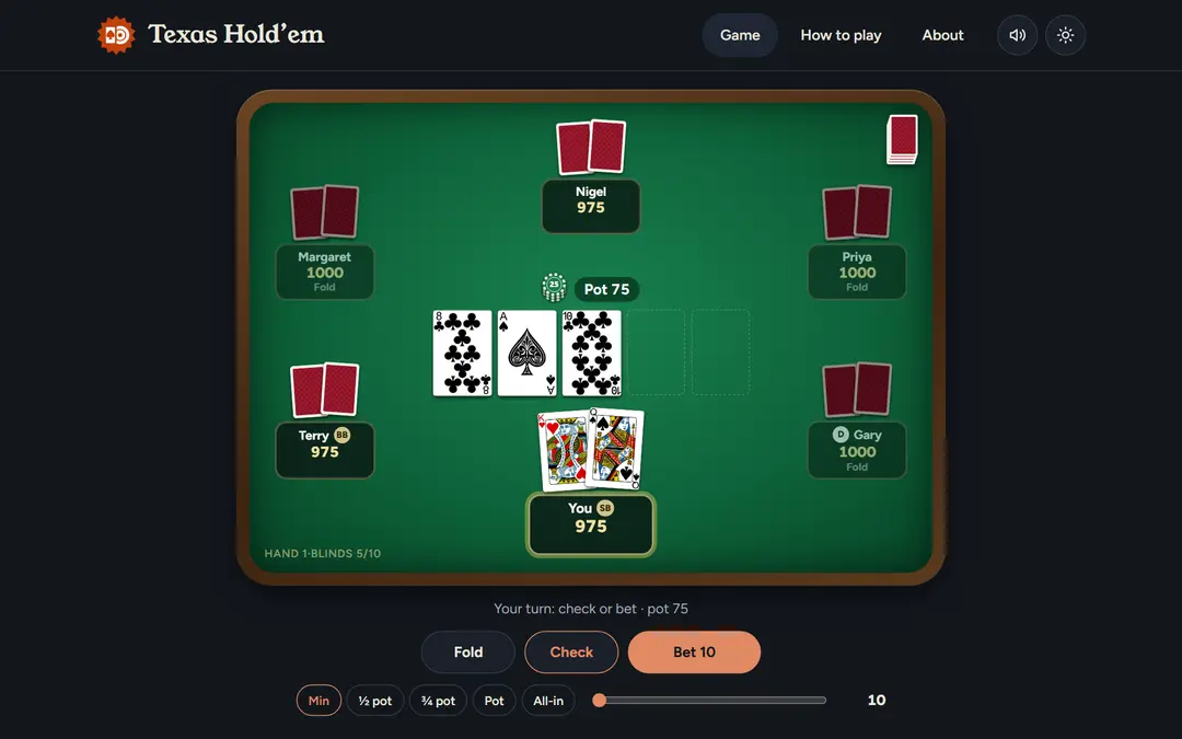 The Texas Hold'em game: six seats round a green felt table, with the flop of eight of clubs, ace of spades and ten of clubs in the middle, a pot of 75, your king of hearts and queen of spades, and the Fold, Check and Bet buttons below
